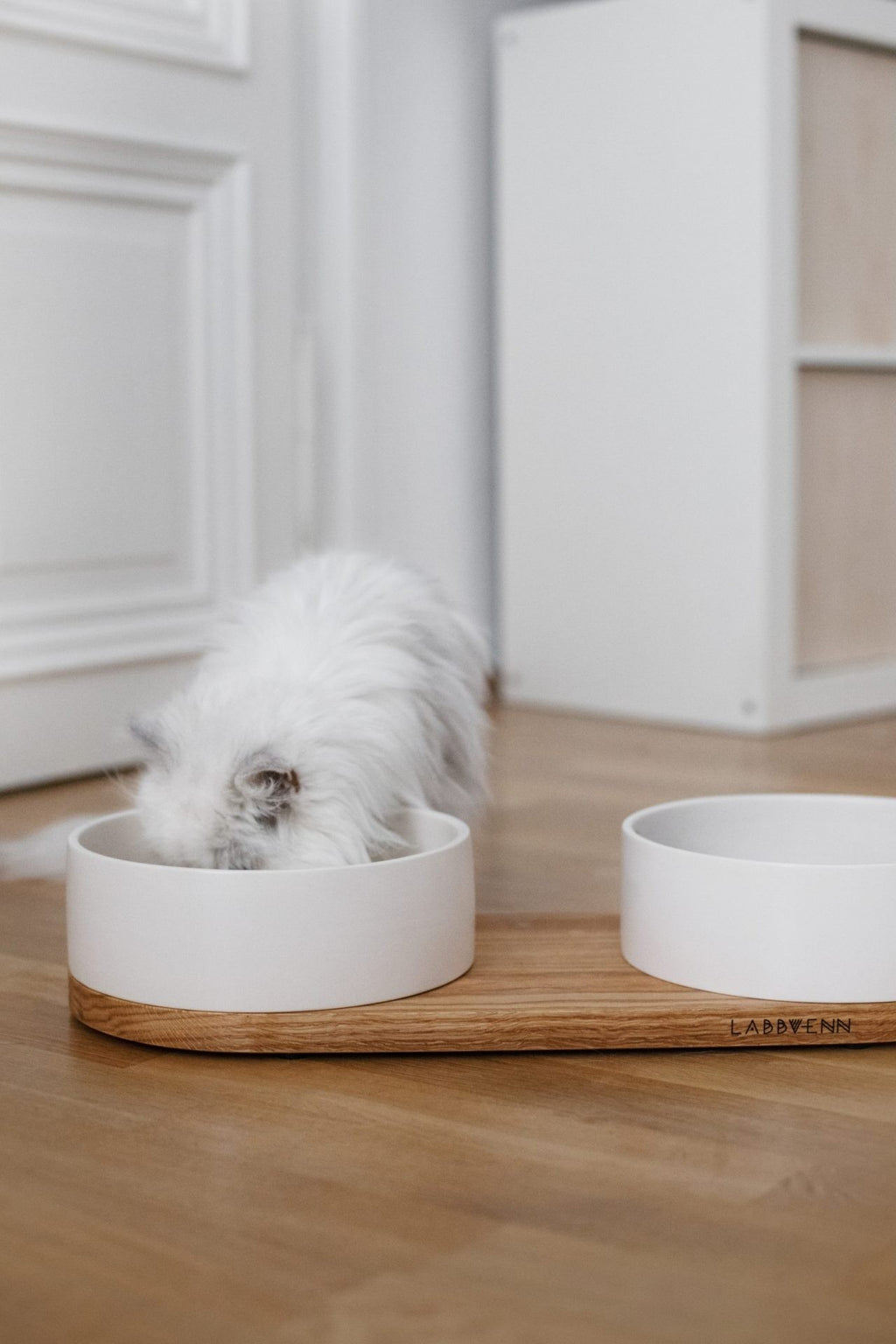 confident shot of the vuku ceramic double pet buffet in refined white on a dark oak base