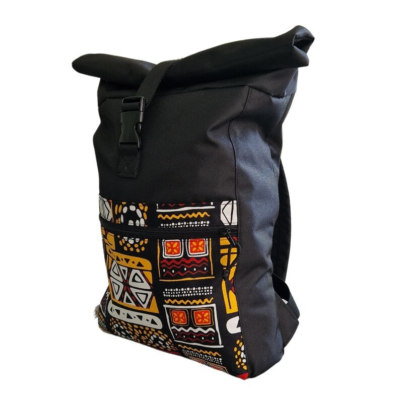 soft yellow patterned waterproof backpack with cozy cotton texture, shown open and inviting