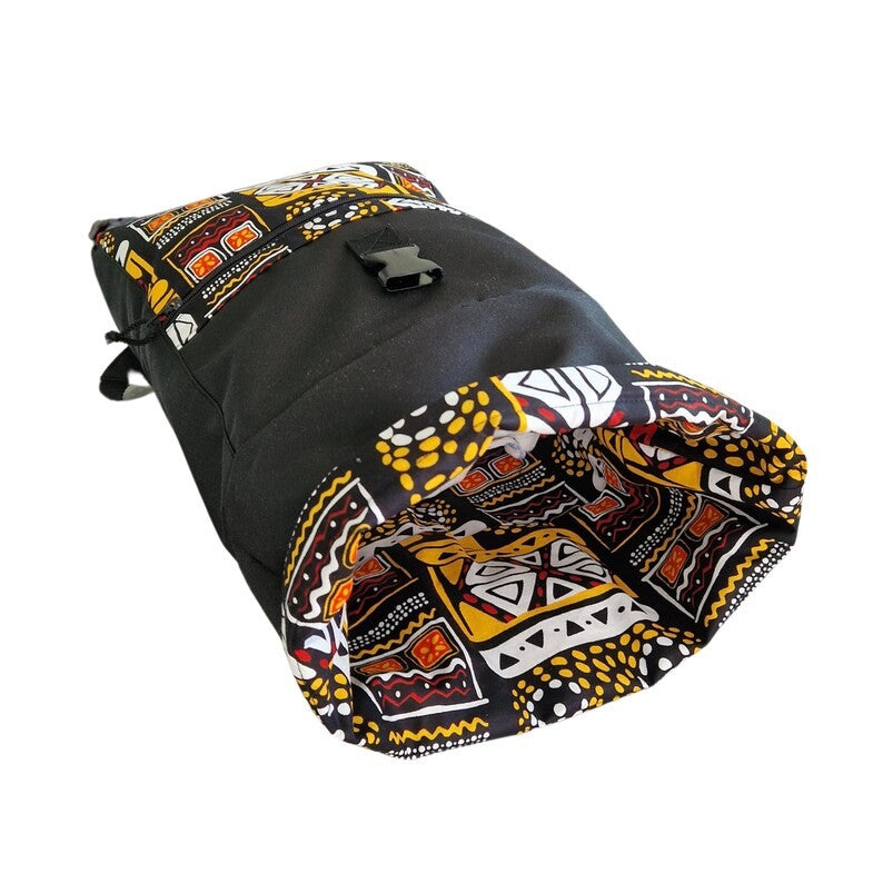 elegant yellow patterned waterproof backpack with rolltop closure, displayed on a minimalist background