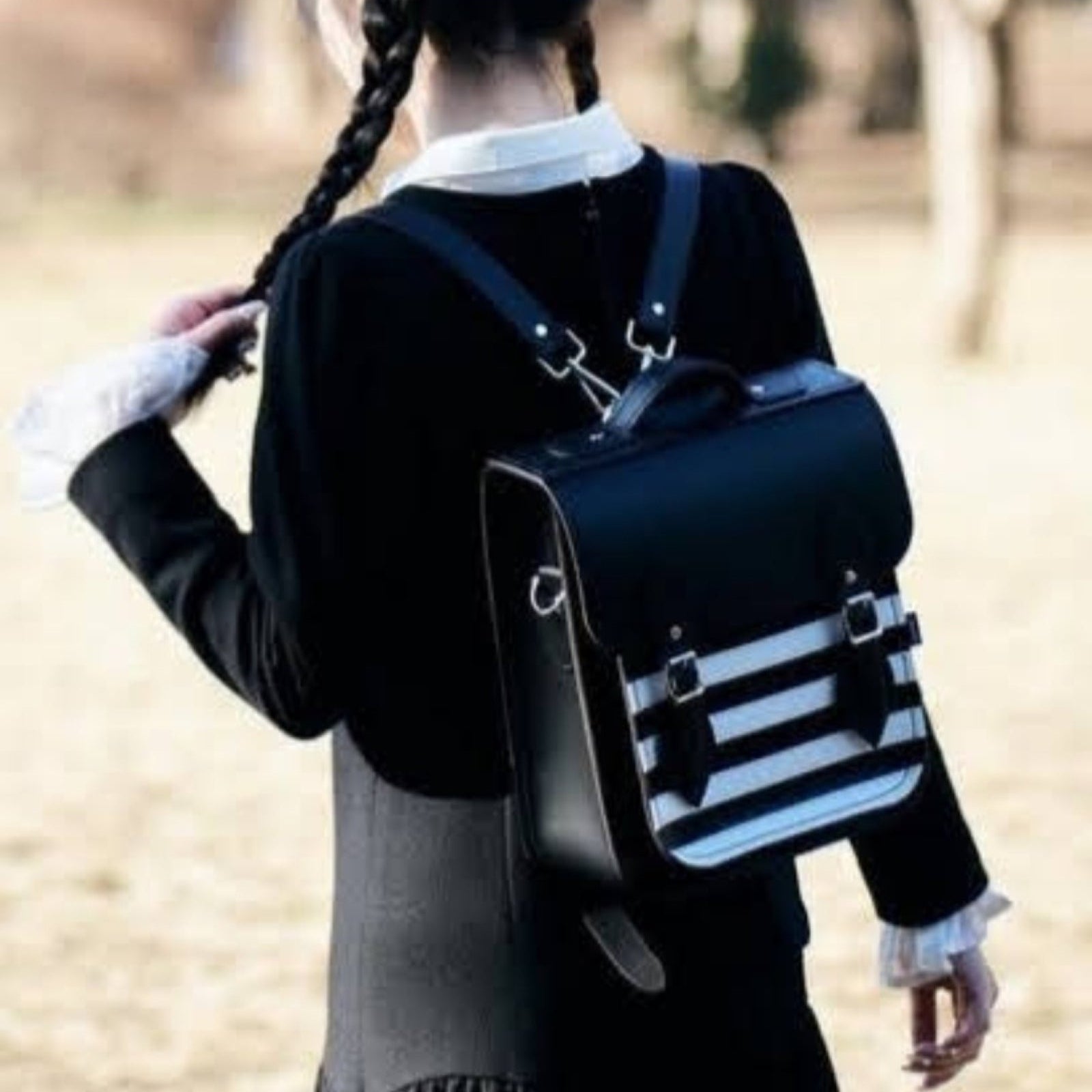 Handmade Leather City Backpack in Gothic Striped Black and White