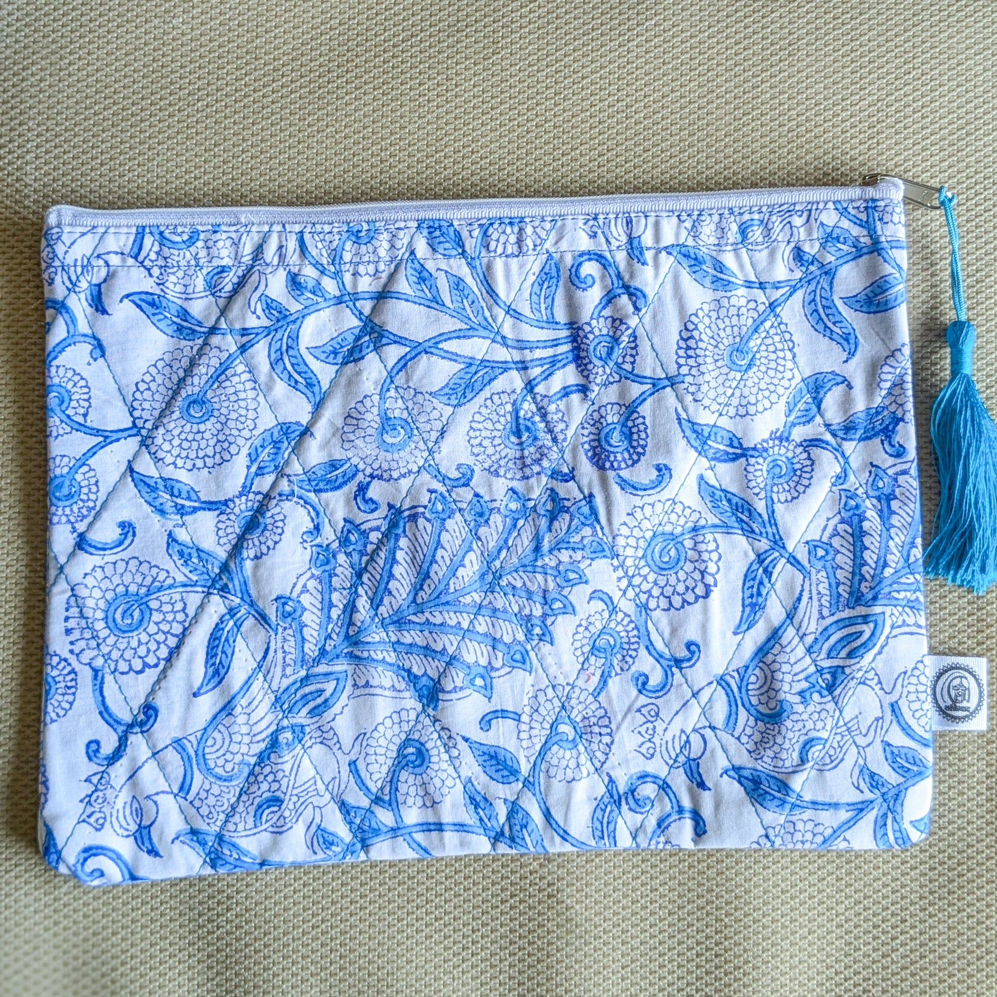 Quilted Block Printed Zipper Pouch with Tassel