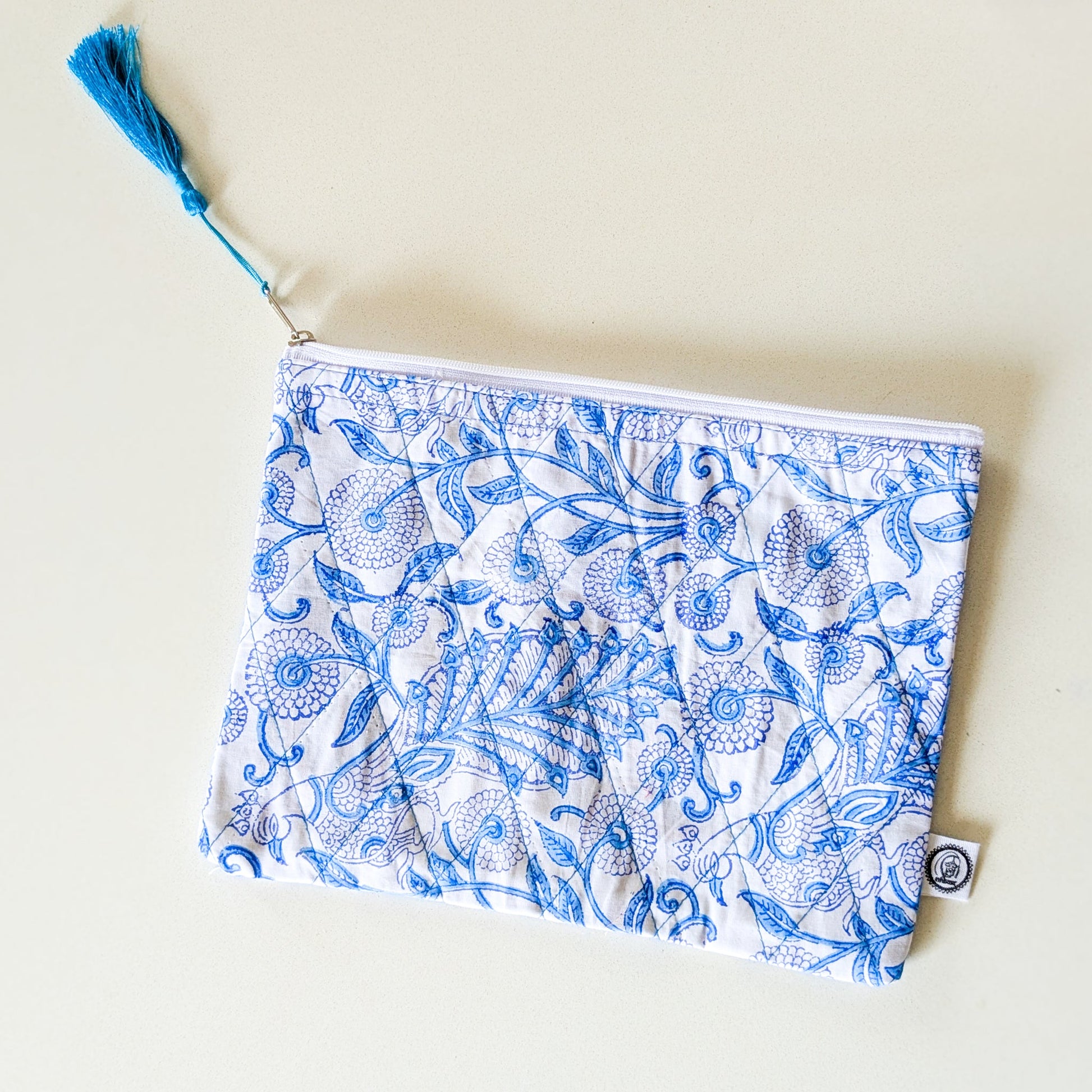Quilted Block Printed Zipper Pouch with Tassel