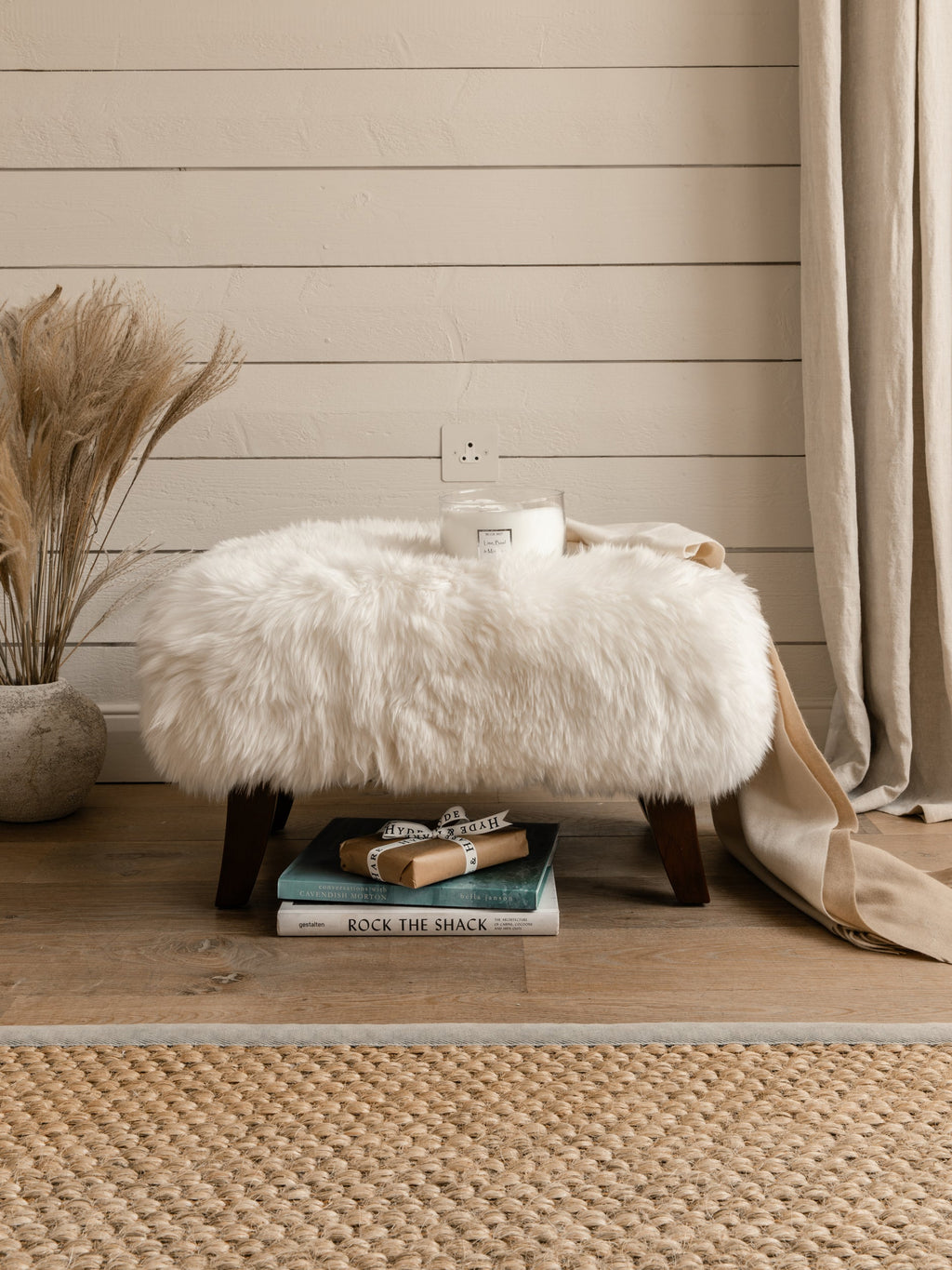 Pure White Sheepskin Stool with Wood Legs