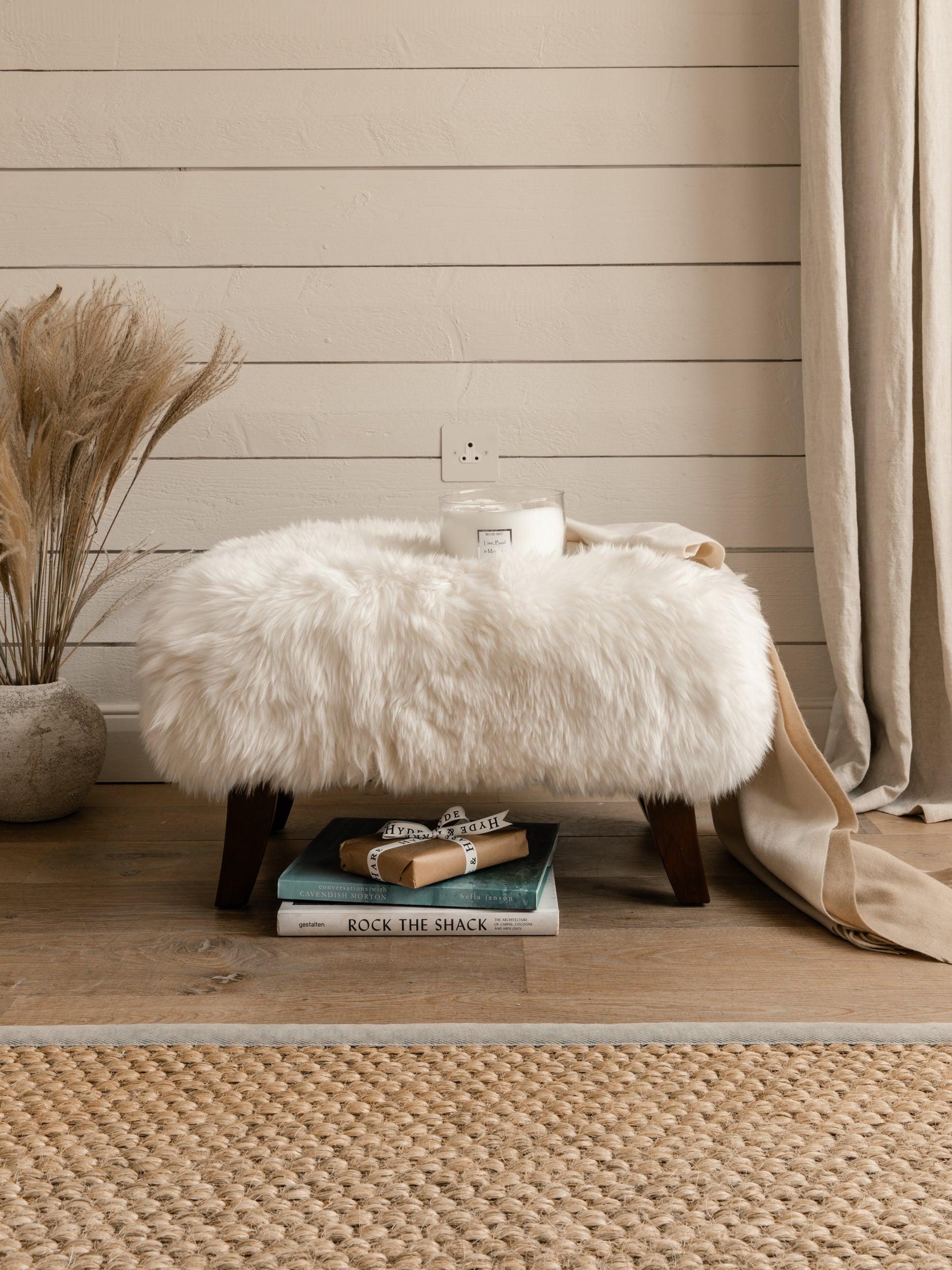 Pure White Sheepskin Stool with Wood Legs