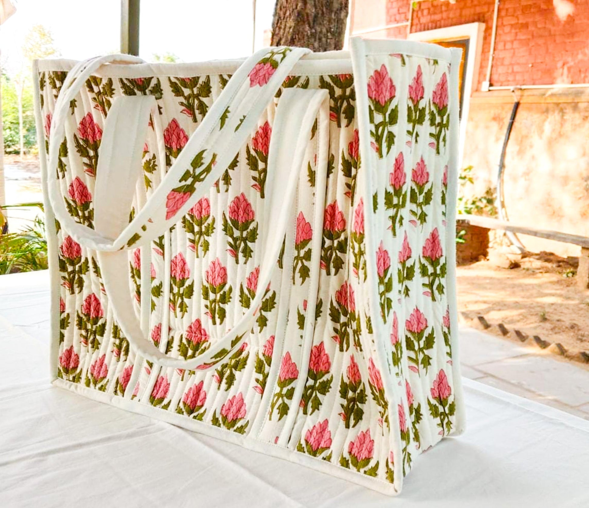 Large Quilted Weekend Tote Bag in Vibrant Pink Block Print