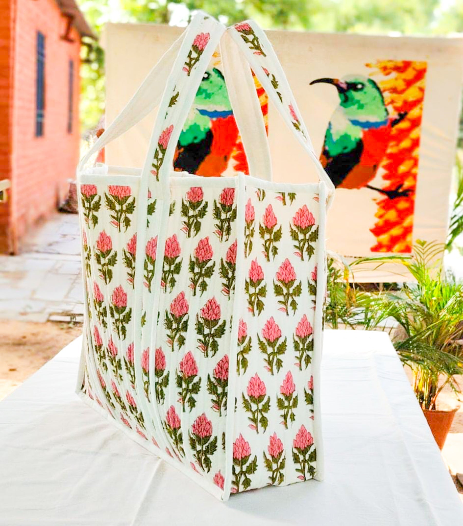 Large Quilted Weekend Tote Bag in Vibrant Pink Block Print