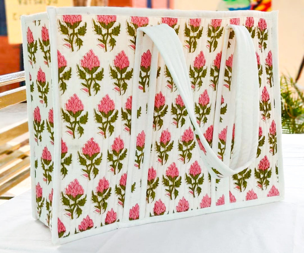 Large Quilted Weekend Tote Bag in Vibrant Pink Block Print