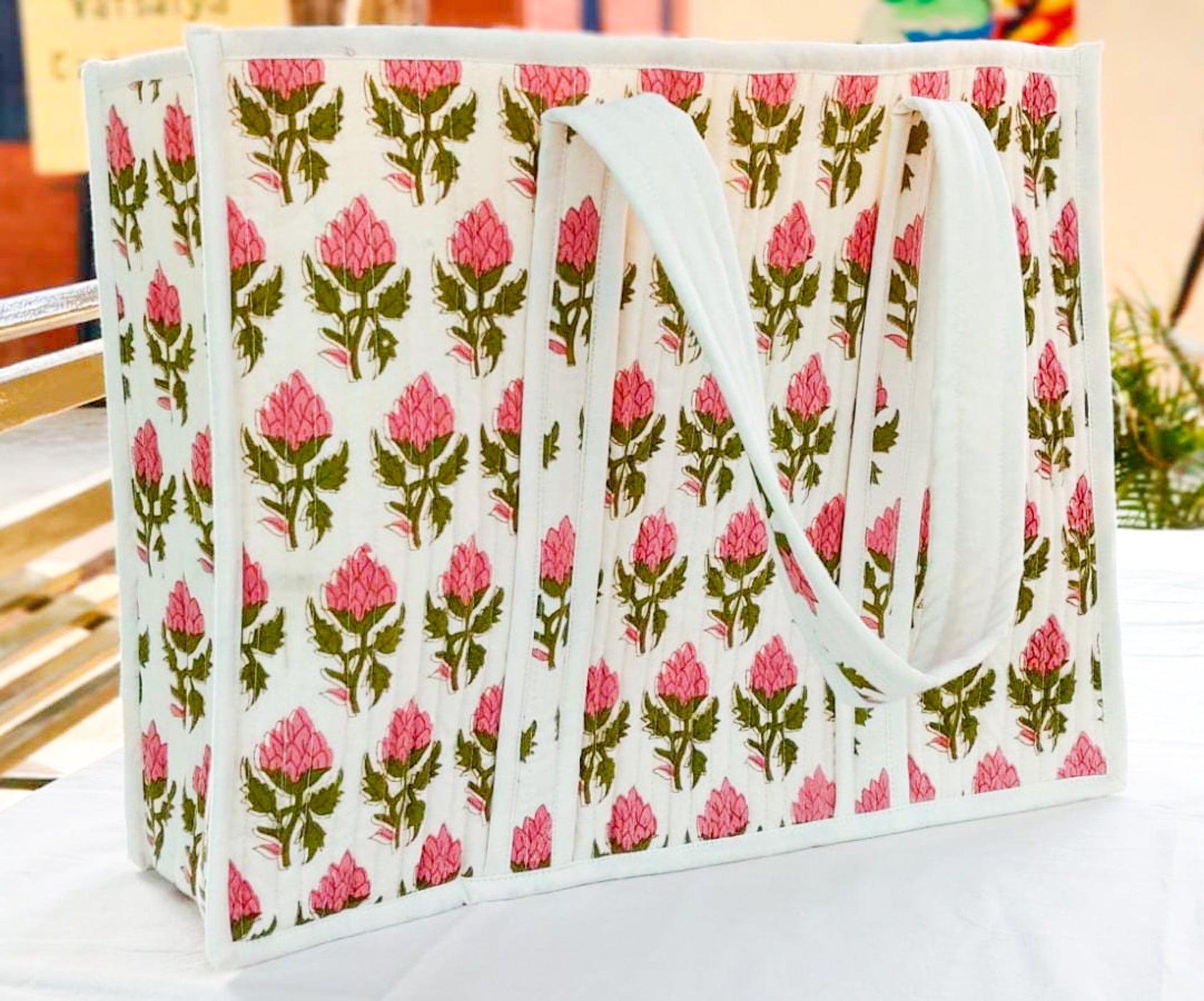Large Quilted Weekend Tote Bag in Vibrant Pink Block Print