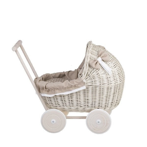 playful whitewashed doll pram with beige bedding ready for a fun adventure