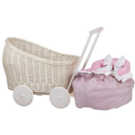 playful whitewashed wicker doll pram with pink bedding in a sunlit playroom