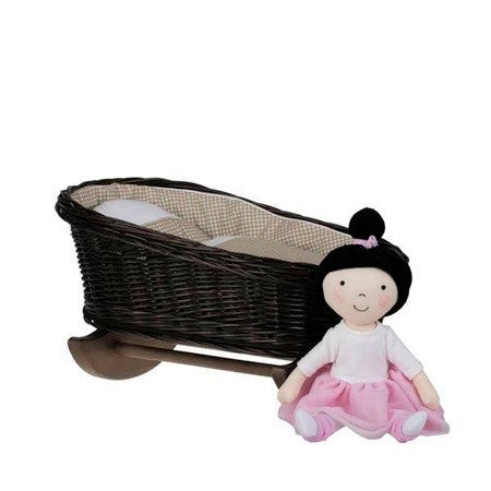 bold wicker rocking cradle mimi with beige checkered bedding for doll nurturing play