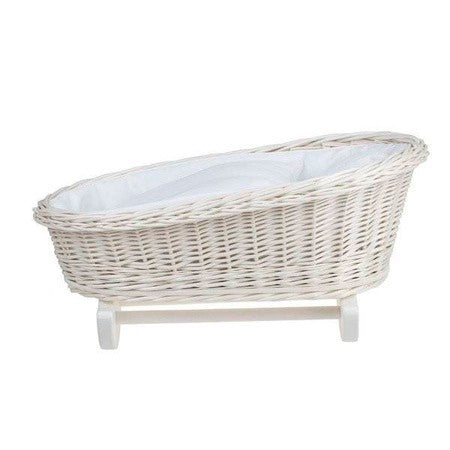 functional wicker doll cradle with white bedding for nurturing play