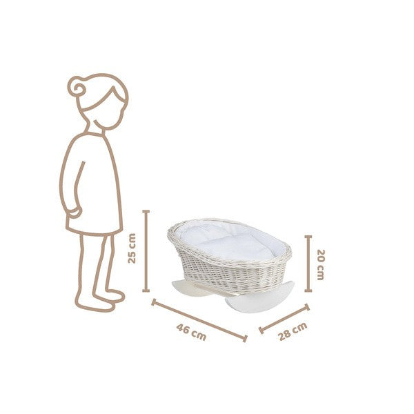 a close-up of the mimi light wicker cradle's soft white bedding and handwoven texture