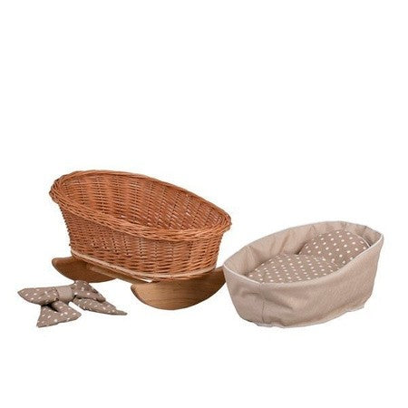 practical view of the wicker rocking cradle's dimensions and beige checkered bedding set