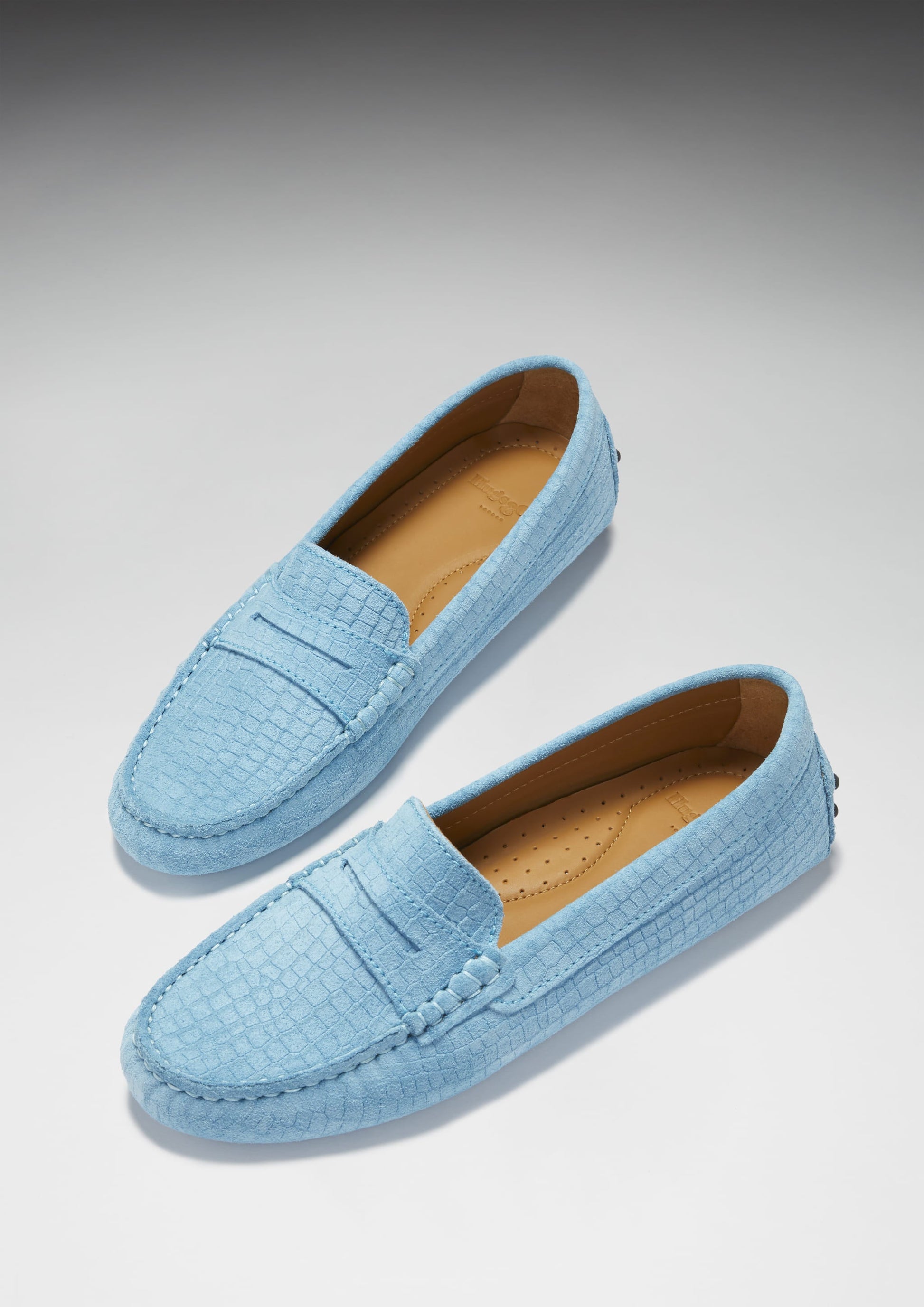 Women's Blue Suede Penny Loafers with Gecko Print