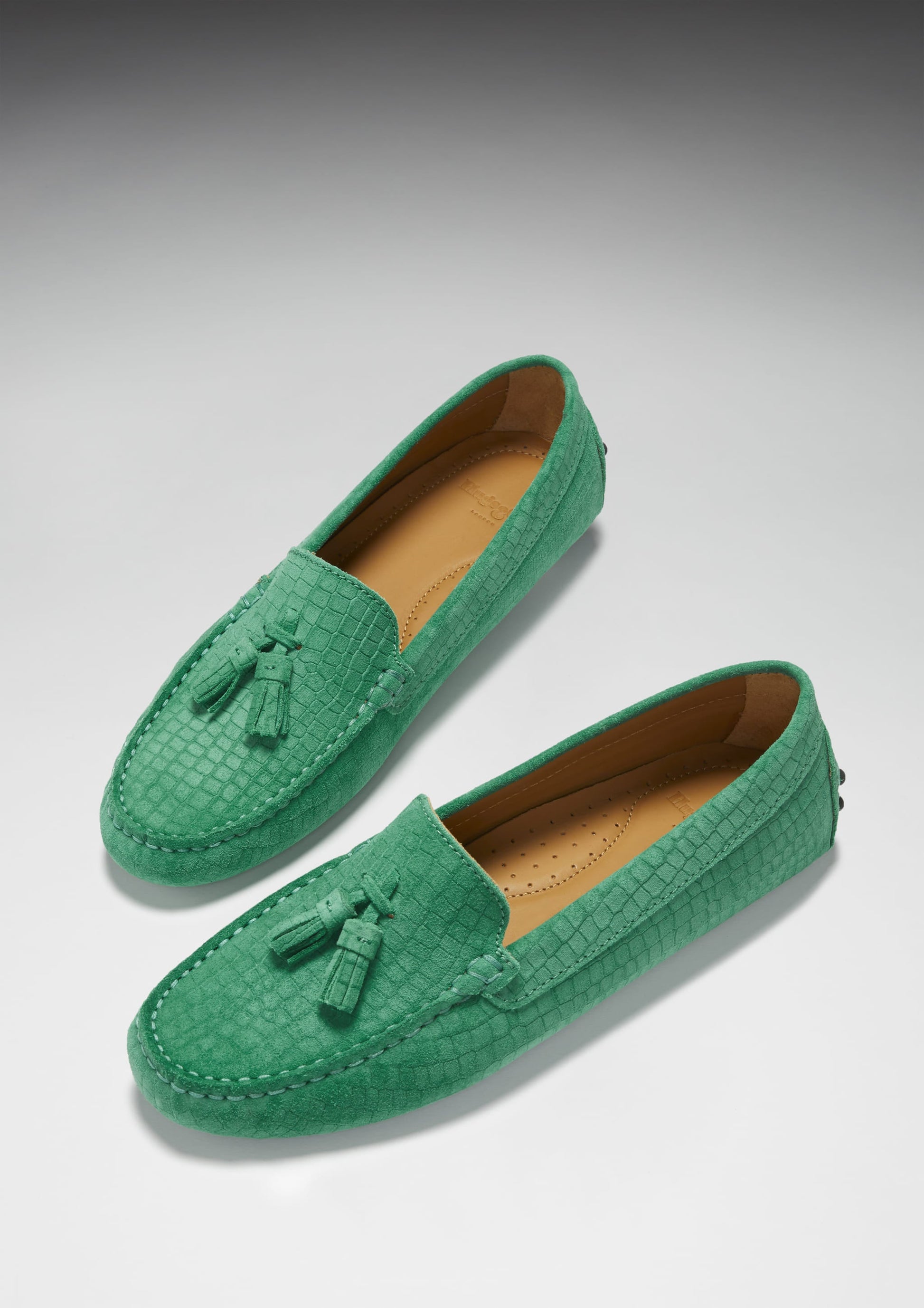 Women's Emerald Tasselled Driving Loafers in Embossed Suede