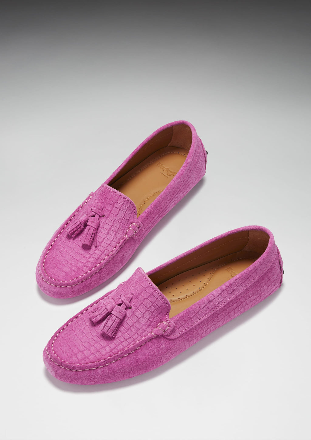 Women's Pink Suede Tasselled Driving Loafers with Gecko Print