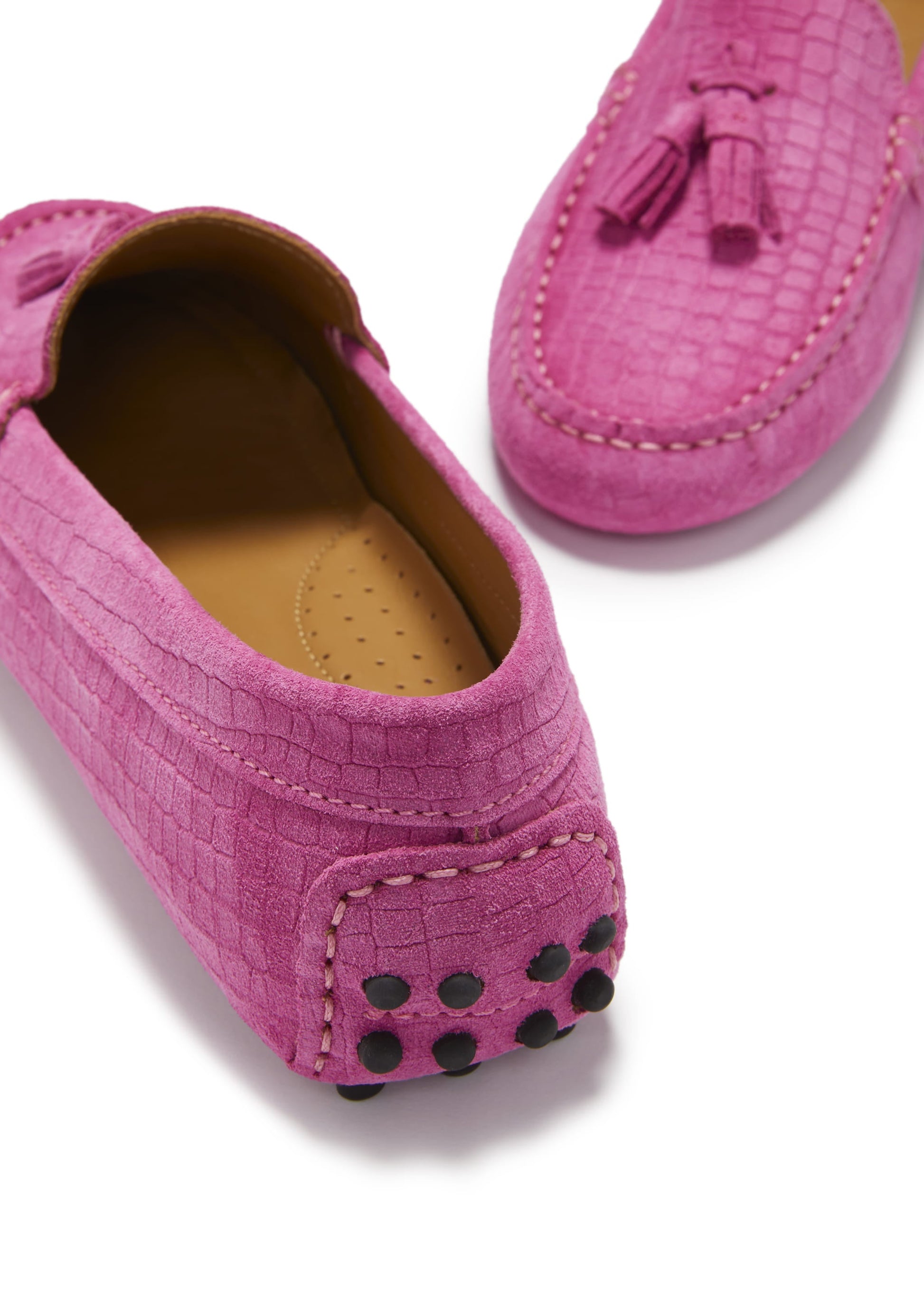 Women's Pink Suede Tasselled Driving Loafers with Gecko Print