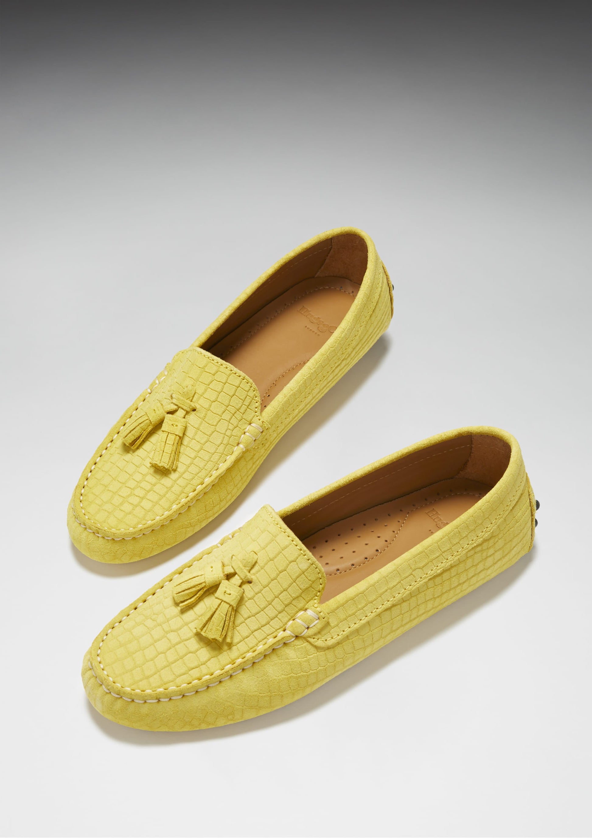 Women's Yellow Suede Driving Loafers with Gecko Print
