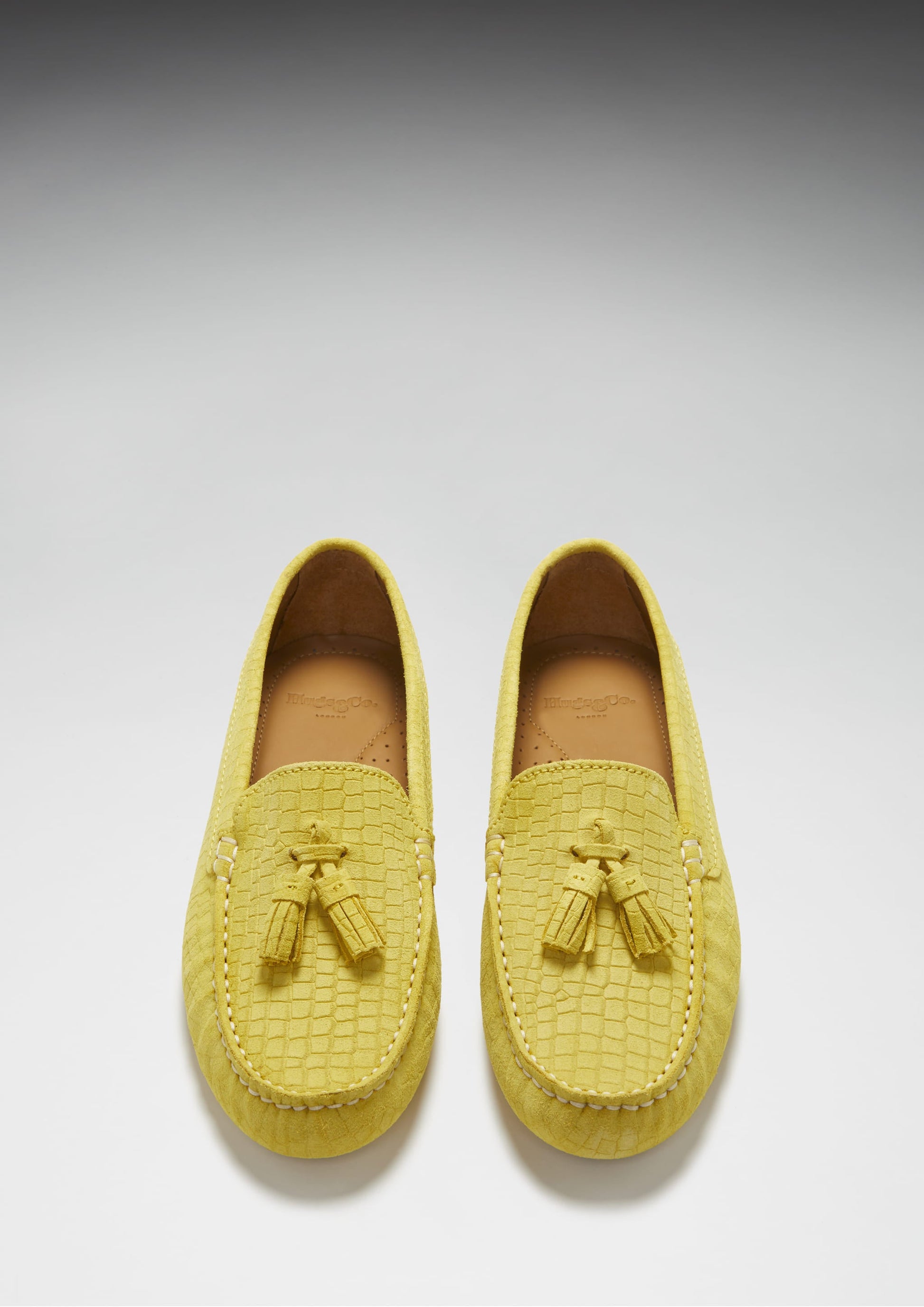 Women's Yellow Suede Driving Loafers with Gecko Print