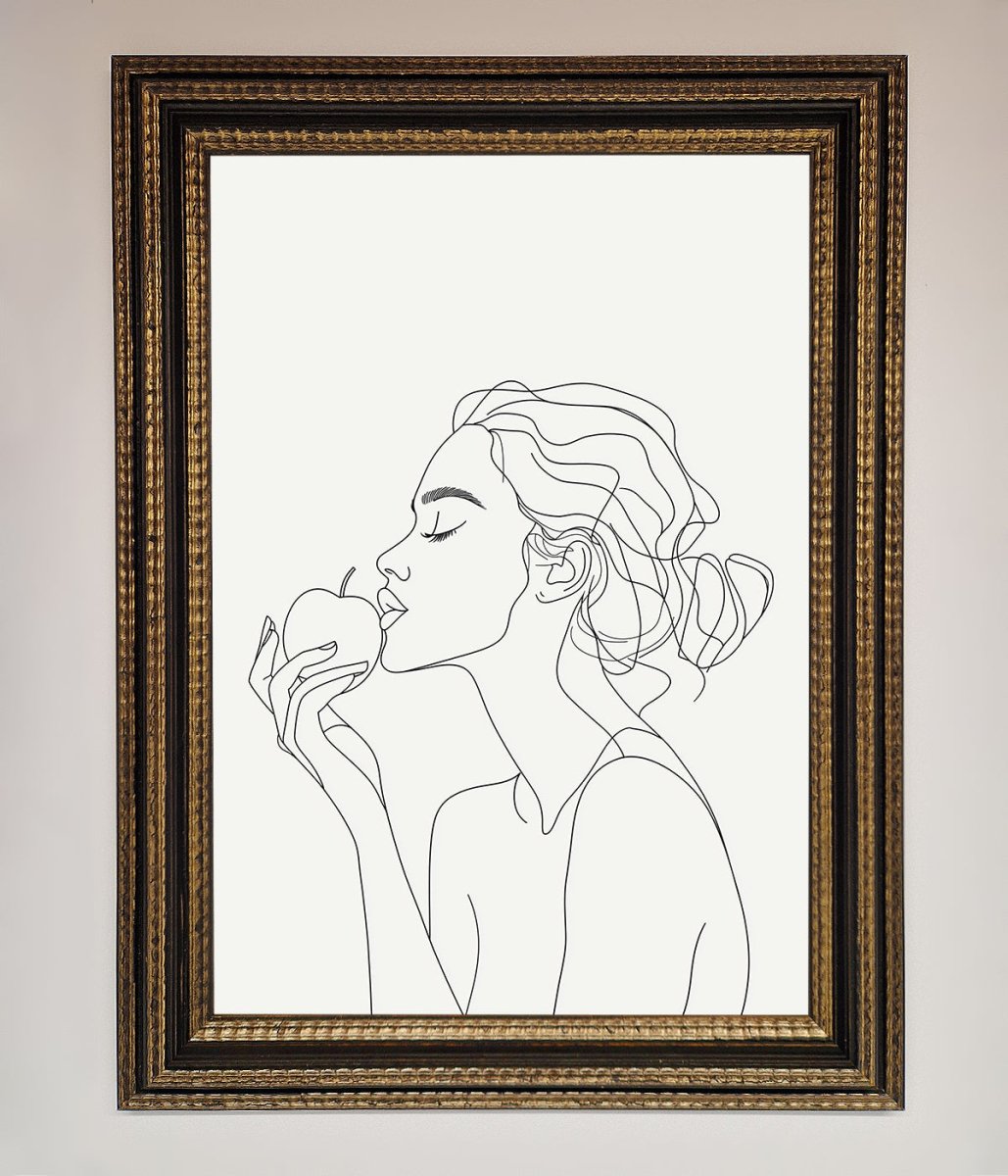 Women with an Apple Line Drawing Framed Poster