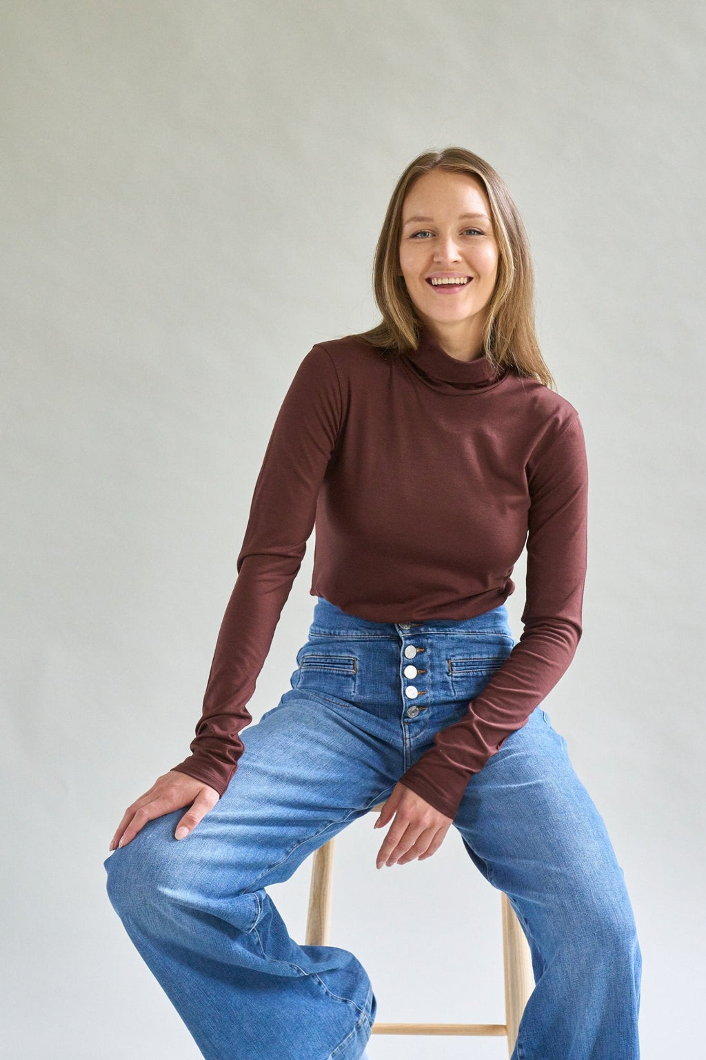 Womens Merino Polo Neck Chocolate Brown