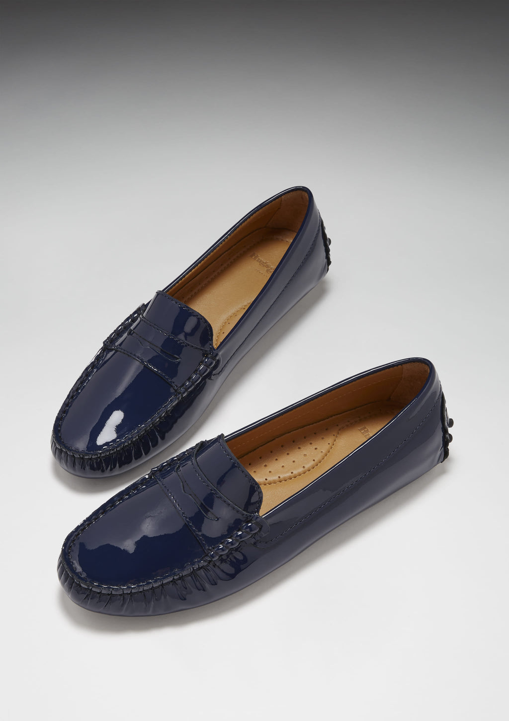 Women's Navy Patent Leather Penny Driving Loafers