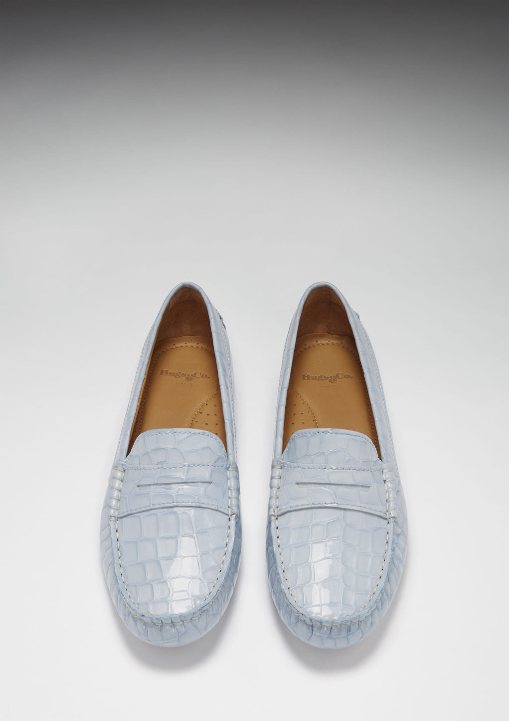 Women's Penny Driving Loafers in Powder Blue Patent Leather