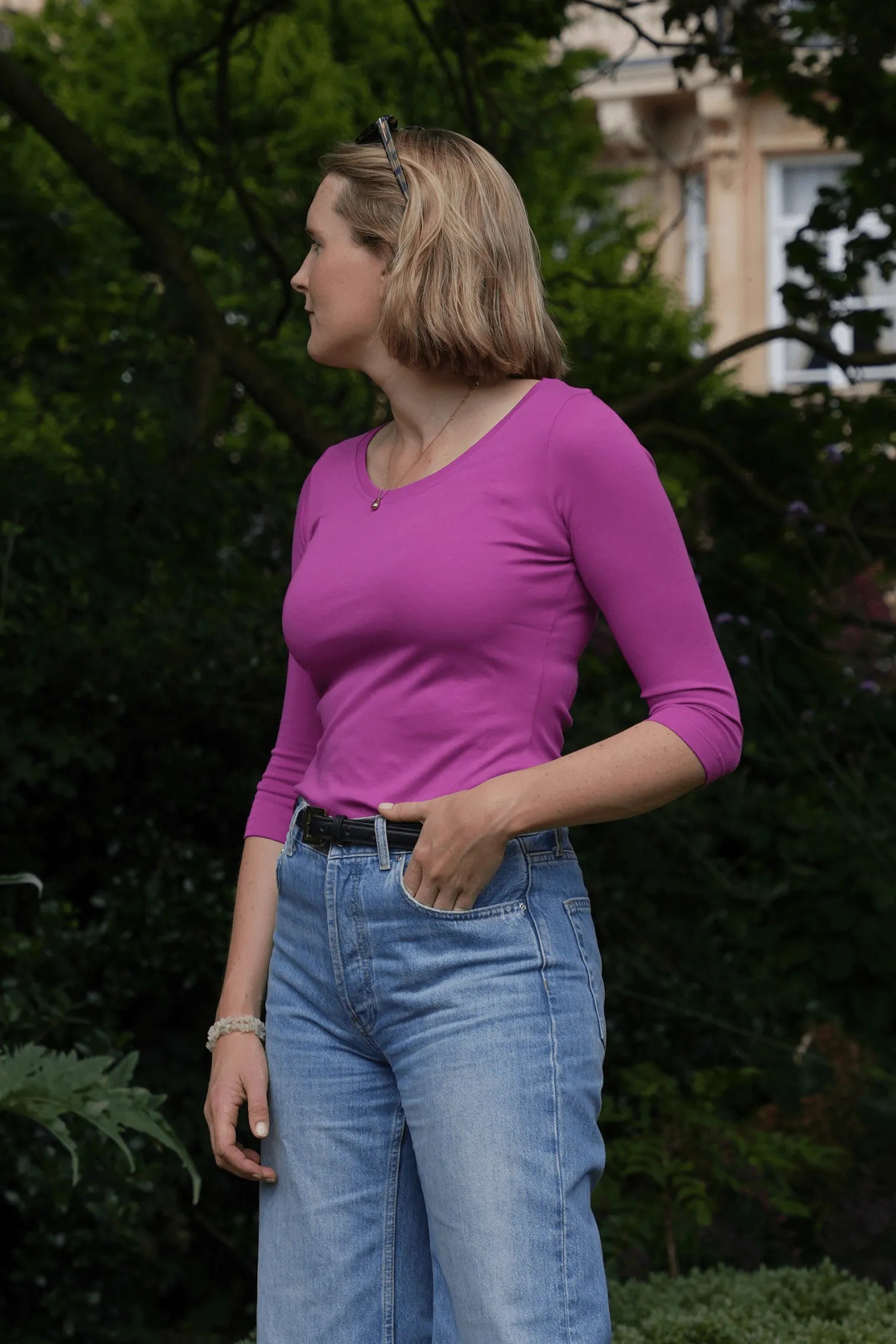 Three Quarter Sleeve Scoop Neck Cotton Modal Blend Tee