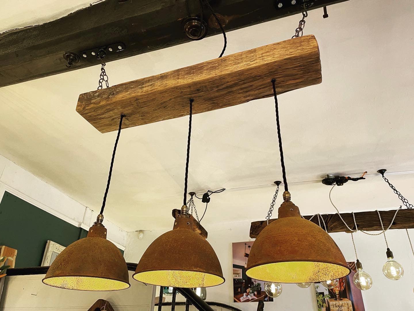 Oak Beam Light with Copper Shades