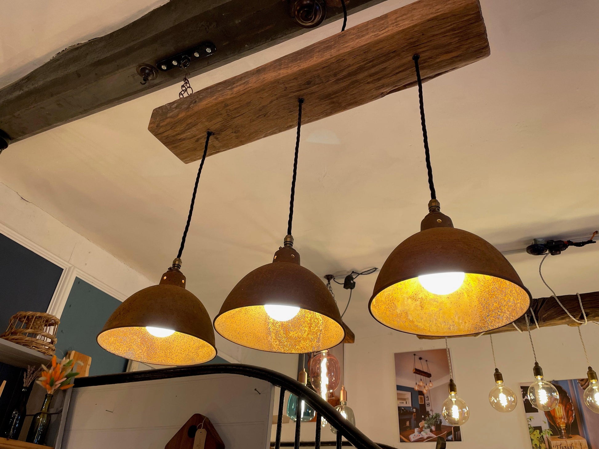 Oak Beam Light with Copper Shades