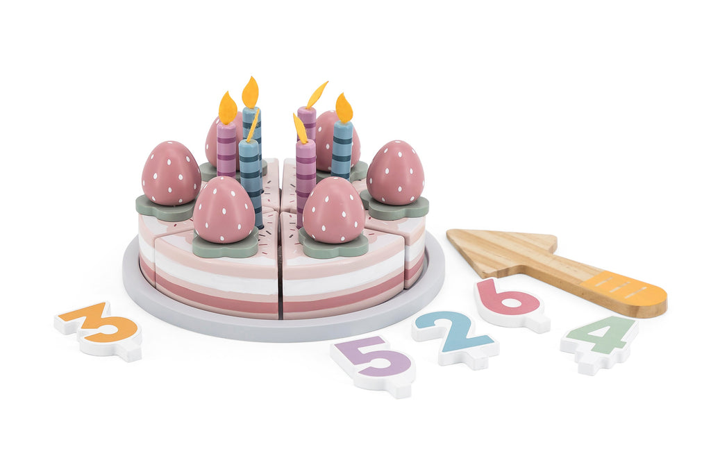 soft pastel wooden birthday cake set with candles and strawberries for pretend play