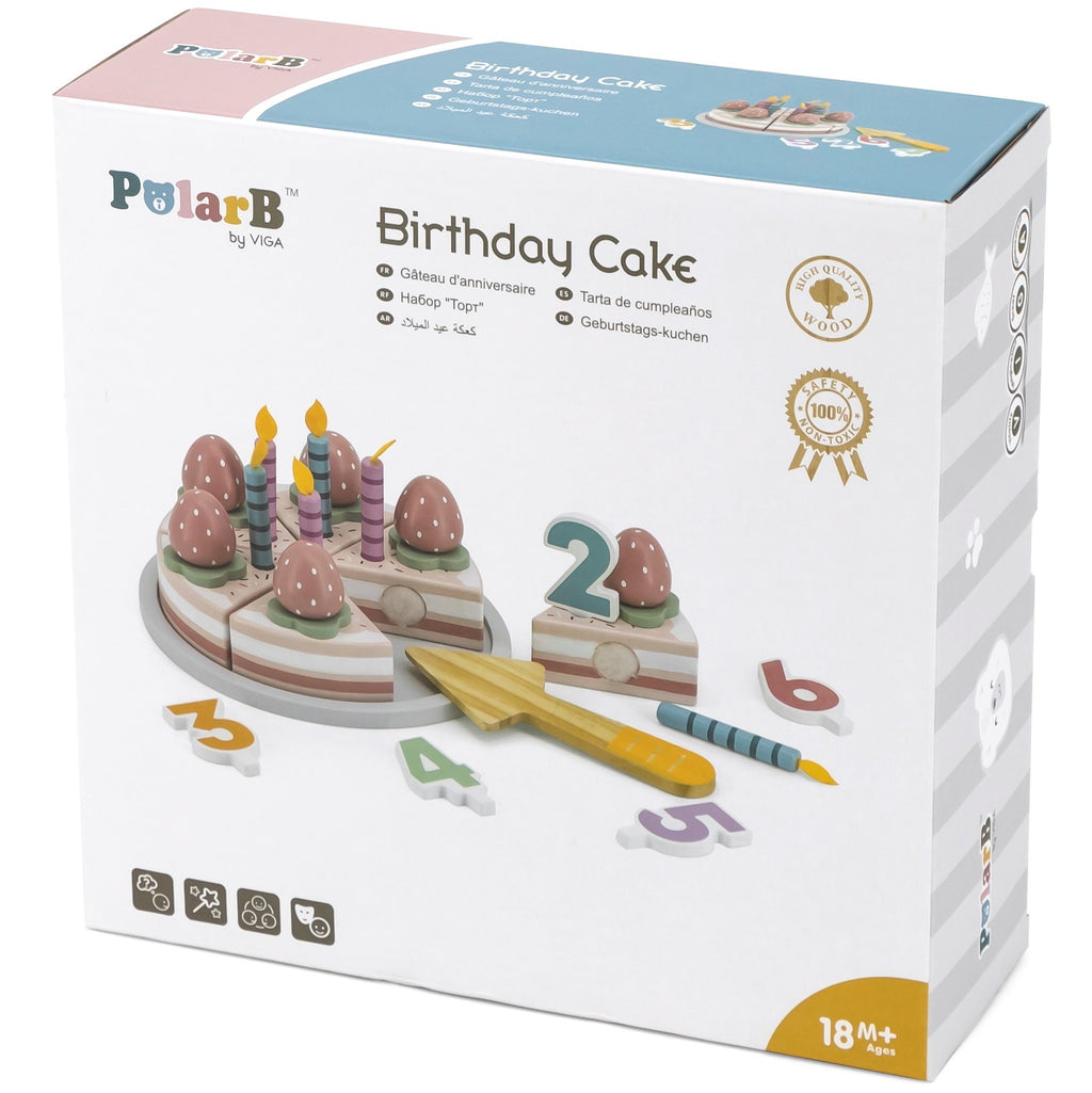 colorful wooden birthday cake set with candles and strawberries for playful pretend parties