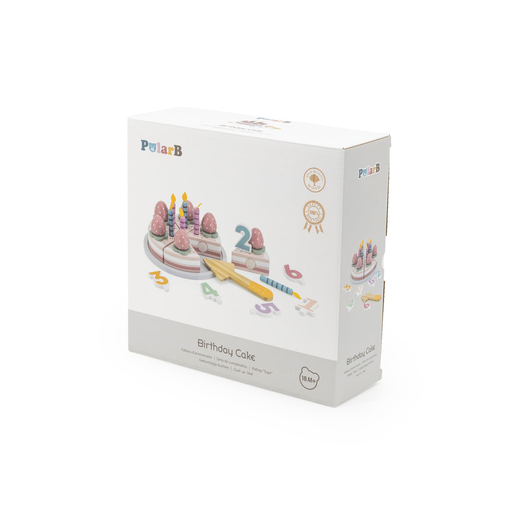 elegant wooden birthday cake set with pastel slices, candles, and strawberries for pretend play