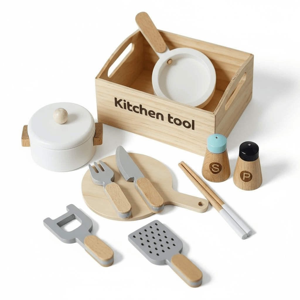 Wooden Kitchen Play Set with Storage Crate