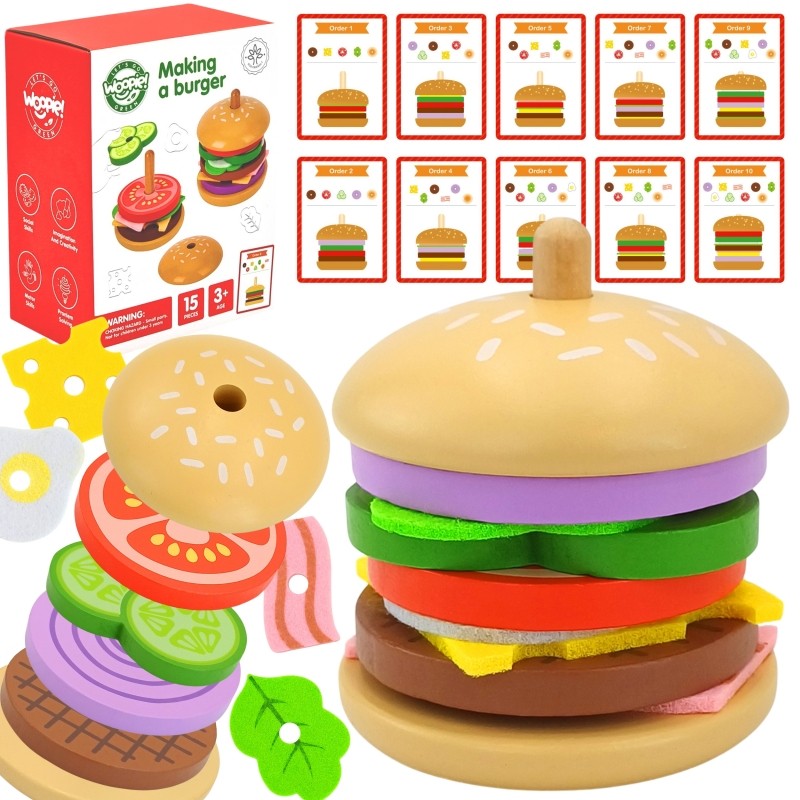 close-up of a child's hands stacking a fun wooden burger puzzle with lettuce and tomato