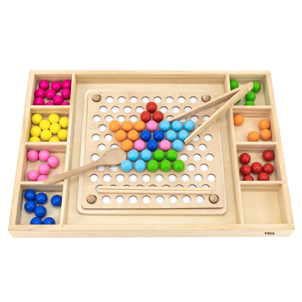 elegant wooden montessori puzzle with colorful beads and tools on a polished tray, ready for creative play