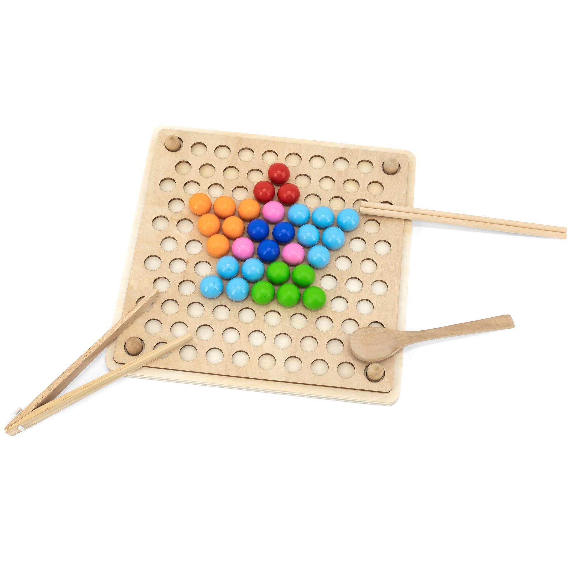 wooden catch and match montessori puzzle with colorful beads and tools on a wooden tray, ready for creative play