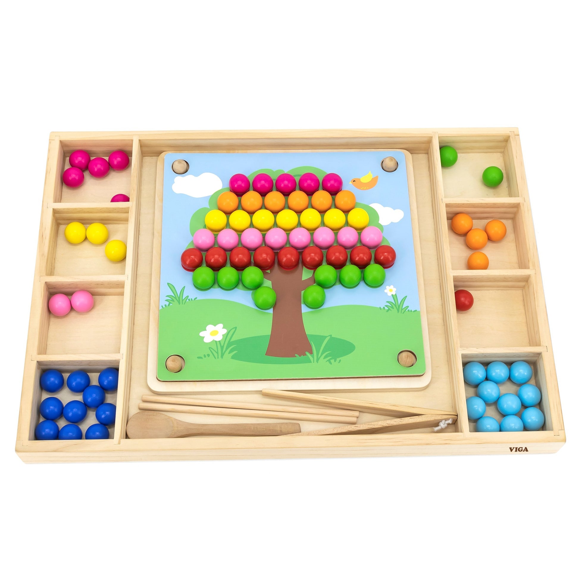child playing with viga wooden catch and match puzzle, arranging colorful beads on a wooden board with chopsticks