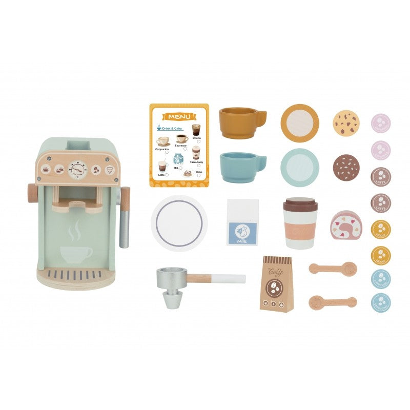 confident shot of the complete woopie green wooden coffee maker playset on a bright background