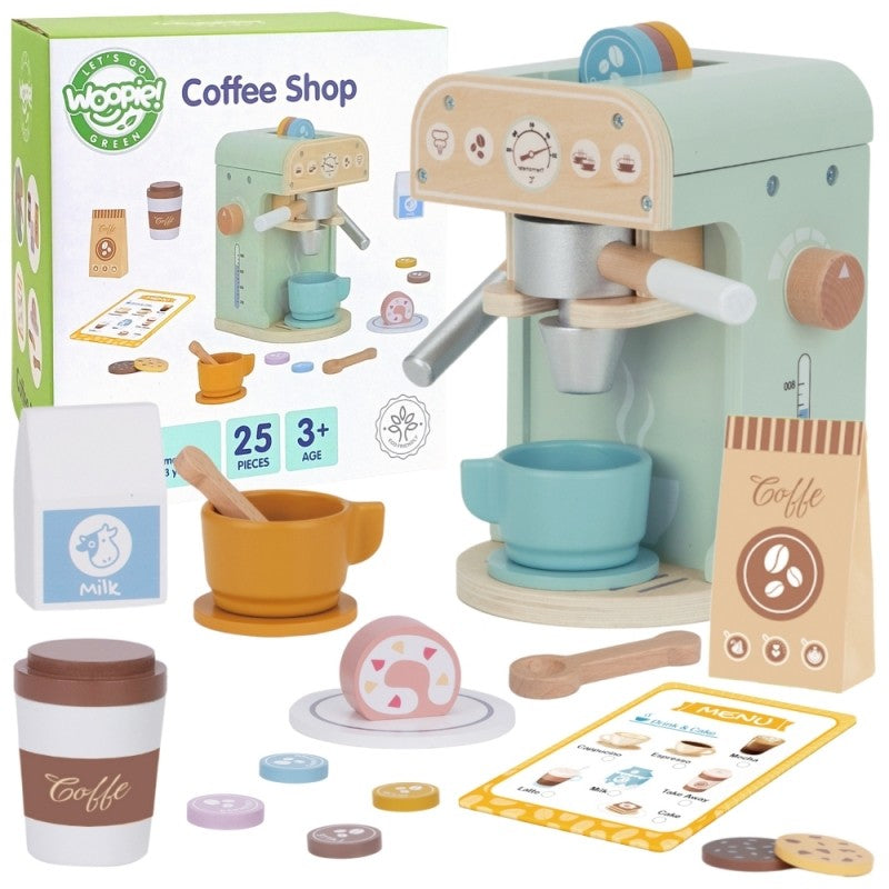 a functional layout of the woopie green wooden coffee maker playset with all 25 pieces organized for play