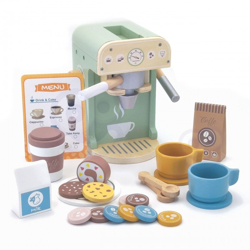 a child's hands carefully arranging the wooden pastries from their woopie green coffee maker playset