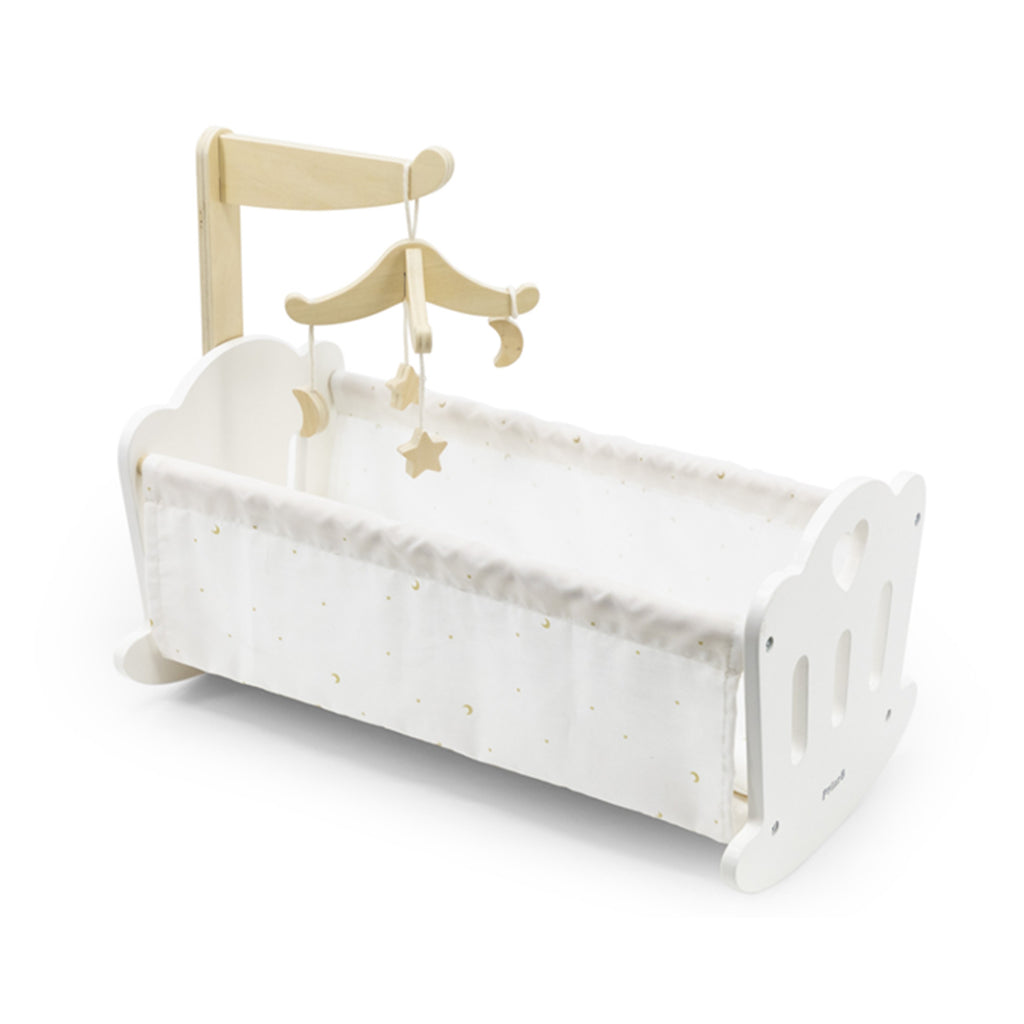 bold wooden doll cradle with moon-star bedding and rubber wheels, ready for imaginative play
