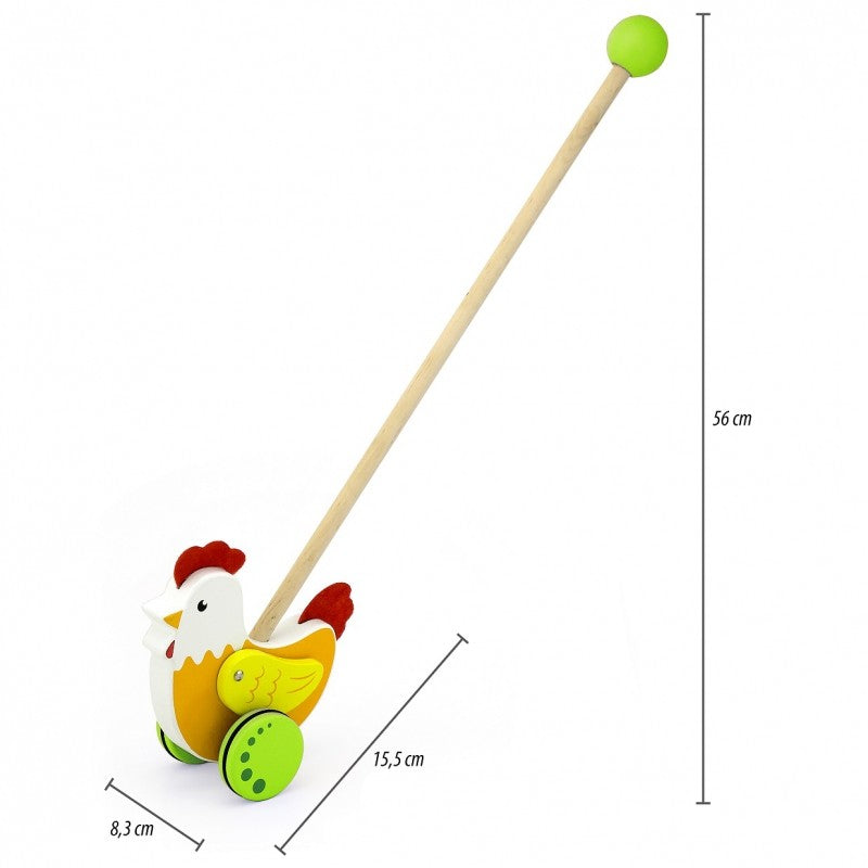 elegant wooden rooster walker for toddlers with vibrant non-toxic paint and rubber accents