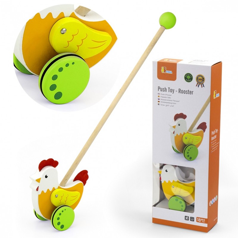 wooden educational pusher hen with colorful rubber details, perfect for toddlers learning to walk