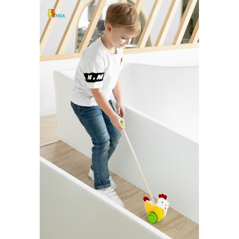 bold wooden rooster walker for toddlers with bright colors and rubber accents
