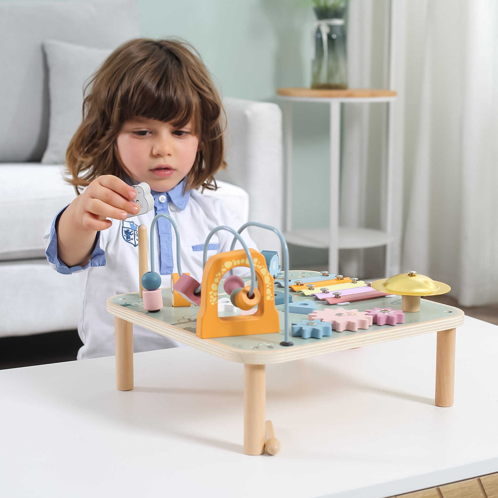bold wooden sensory table with xylophone and gears for toddler motor skills development