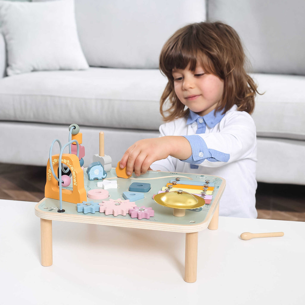 colorful wooden sensory table with xylophone and gears for toddlers - playful pastel learning toy