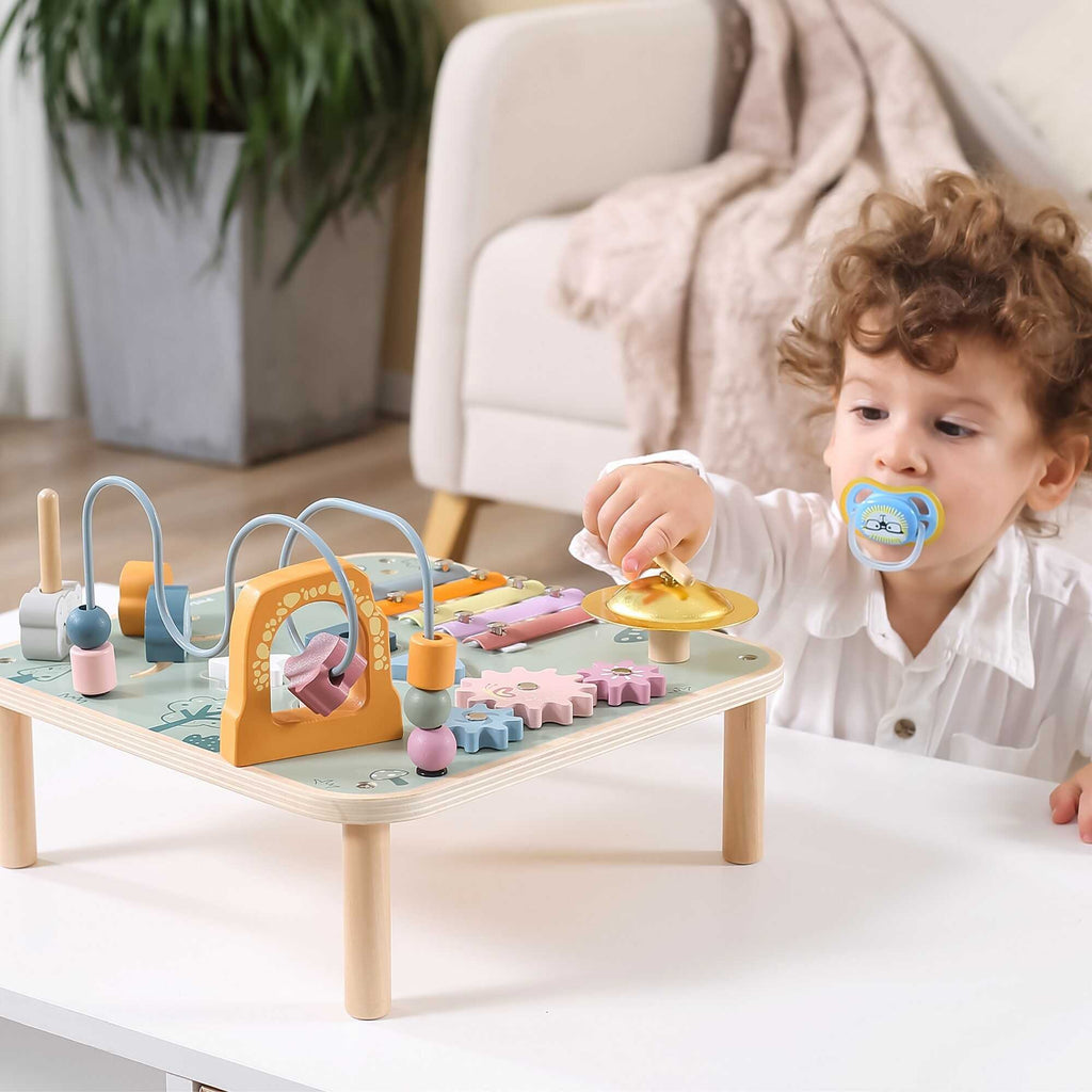 elegant wooden sensory table with pastel xylophone and gears for toddler learning and fine motor skills