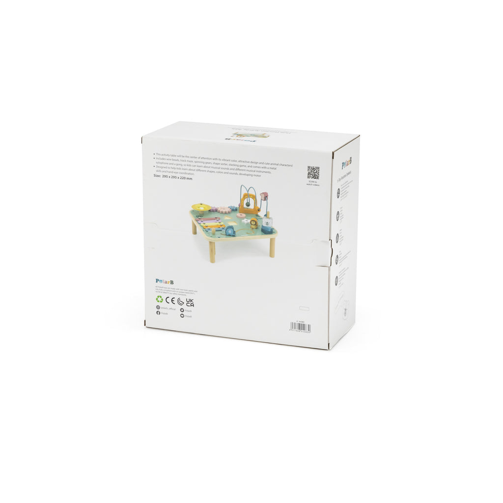 functional wooden sensory table for toddlers with xylophone, gears, and shape sorter for motor skills